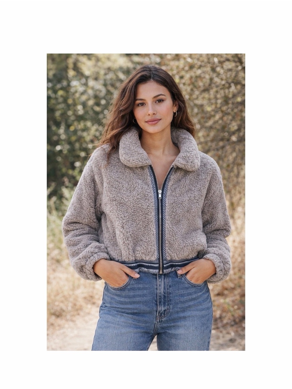 Earthbound Trading Sherpa Fleece Jacket Brown Cropped Zip Coat Women’s Small